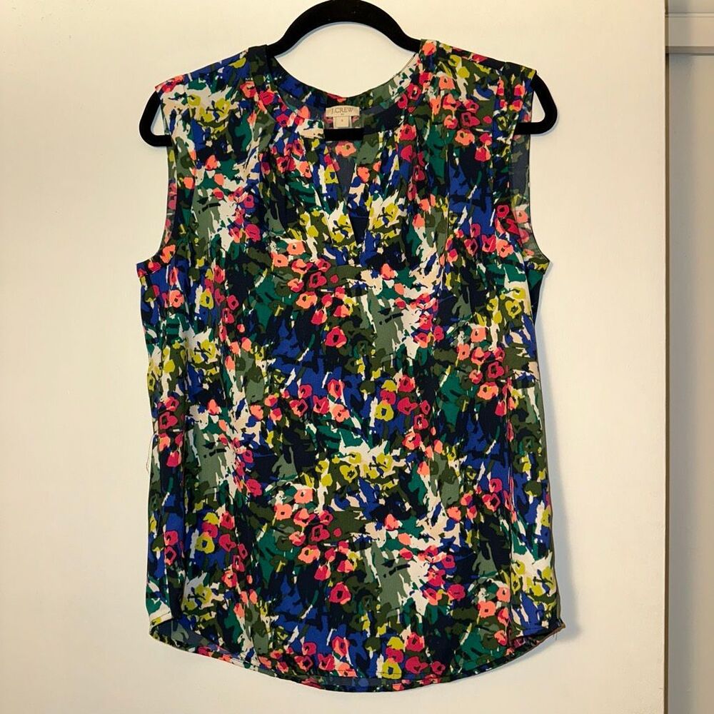 J. Crew Womens 6 Satin Tank Top V Neck Colorful Watercolor Floral Pattern GUC